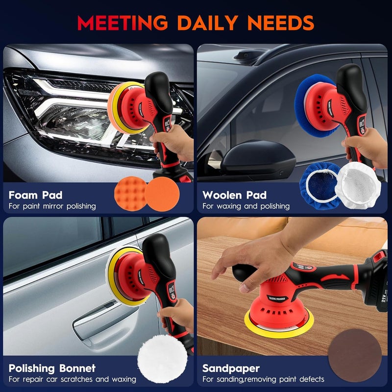 Ofeace Cordless Car Buffer Polisher Kit with 2x21V Batteries, 6 Inch Car Polisher with 8 Variable Speed Max 6000RPM & 21 PCS Attachments, Orbital Polisher for Car Detailing, Sanding,Scratch Removing - Image 5